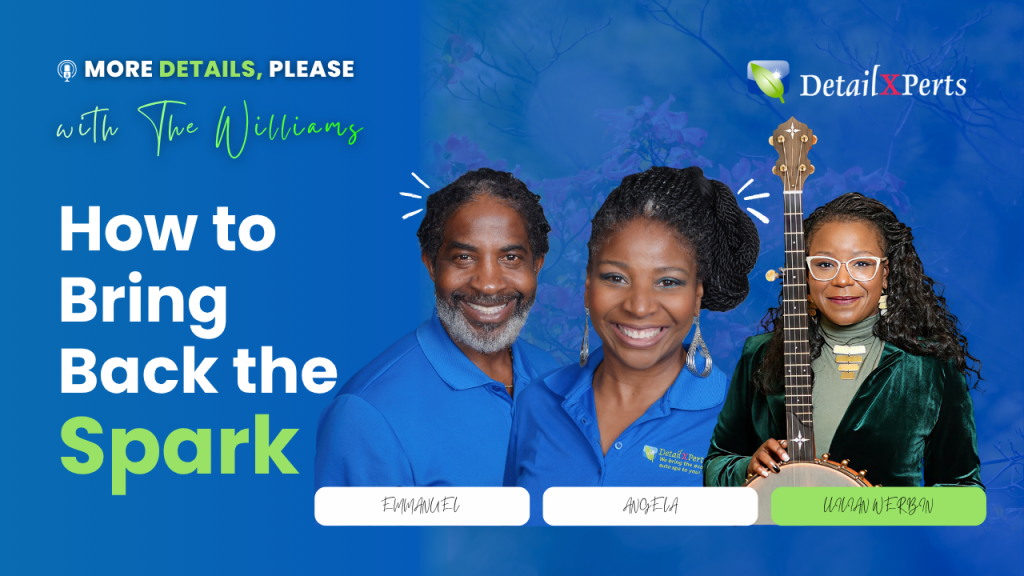 Podcast thumbnail for More Details, Please Episode 37 featuring Emmanuel Williams, Angela Williams, and Lillian Werbin with the title How to Bring Back the Spark.