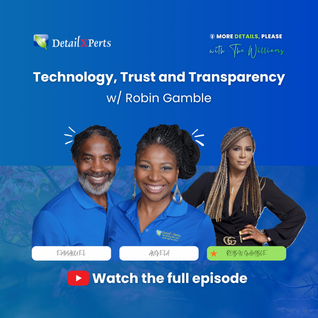 Podcast cover for More Details, Please featuring Emmanuel Williams, Angela Williams, and guest Robin Gamble for an episode on technology, trust, and transparency.